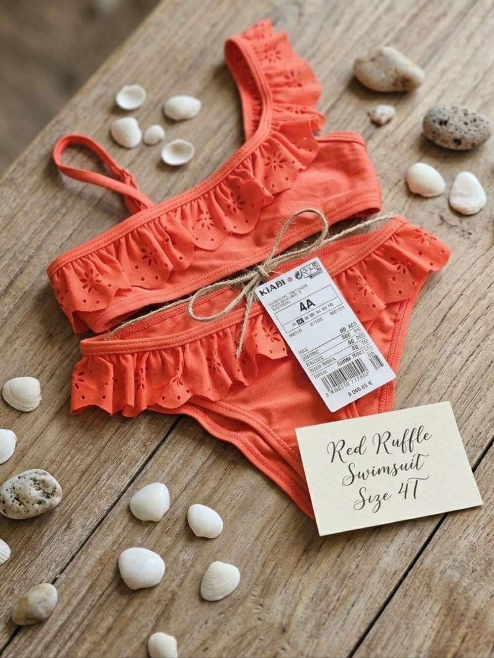 ​NWT Kiabi Kids Coral Orange/Red Eyelet Ruffle Bikini Swimsuit Size 4T